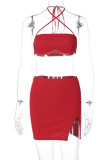 Red Fashion Sexy Solid Bandage Backless Slit Strapless Sleeveless Two Pieces