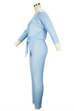 Blue Fashion Casual Solid Basic Oblique Collar Regular Jumpsuits