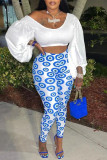 White Fashion Casual Print Patchwork V Neck Long Sleeve Two Pieces