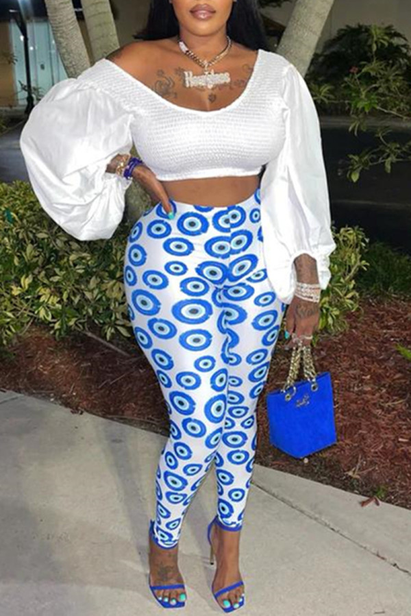 White Fashion Casual Print Patchwork V Neck Long Sleeve Two Pieces