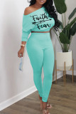 Cyan Casual Print Patchwork Oblique Collar Long Sleeve Two Pieces