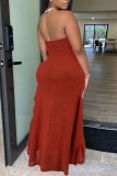 Rust Red Sexy Solid Patchwork Flounce Asymmetrical Strapless Irregular Dress Dresses