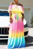 Blue Fashion Casual Gradual Change Print Backless Off the Shoulder Long Dress