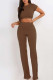 Coffee Casual Solid O Neck Short Sleeve Two Pieces
