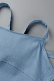Blue Fashion Casual Solid Patchwork Backless Spaghetti Strap Skinny Jumpsuits