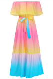 Blue Fashion Casual Gradual Change Print Backless Off the Shoulder Long Dress