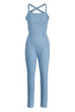 Blue Fashion Casual Solid Patchwork Backless Spaghetti Strap Skinny Jumpsuits
