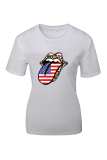 White Fashion Street Lips Printed Patchwork O Neck T-Shirts