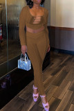 Coffee Sexy Solid Patchwork Mesh U Neck Long Sleeve Two Pieces