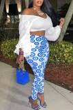 White Fashion Casual Print Patchwork V Neck Long Sleeve Two Pieces