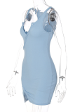 Blue Sexy Solid Buckle V Neck Irregular Dress Dresses