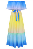 Blue Fashion Casual Gradual Change Print Backless Off the Shoulder Long Dress