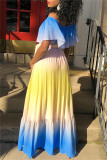 Blue Fashion Casual Gradual Change Print Backless Off the Shoulder Long Dress