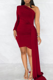 Rose Red Elegant Solid Patchwork Oblique Collar Pencil Skirt Dresses