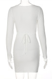 White Fashion Sexy Solid Bandage Hollowed Out O Neck Long Sleeve Dresses
