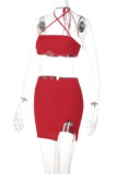 Red Fashion Sexy Solid Bandage Backless Slit Strapless Sleeveless Two Pieces