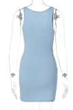 Blue Sexy Solid Buckle V Neck Irregular Dress Dresses