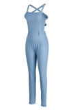 Blue Fashion Casual Solid Patchwork Backless Spaghetti Strap Skinny Jumpsuits