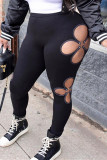 Black Fashion Casual Solid Hollowed Out Plus Size Trousers