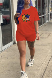 Red Casual Print Patchwork O Neck Short Sleeve Two Pieces