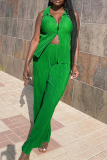 Green Fashion Solid Patchwork Turndown Collar Sleeveless Two Pieces
