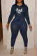 Navy Blue Sexy Print Patchwork O Neck Long Sleeve Two Pieces
