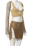 Khaki Sexy Patchwork Mesh U Neck Long Sleeve Two Pieces