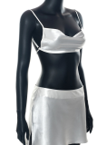 White Sexy Solid Patchwork Spaghetti Strap Sleeveless Two Pieces