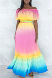 Blue Fashion Casual Gradual Change Print Backless Off the Shoulder Long Dress