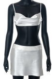 White Sexy Solid Patchwork Spaghetti Strap Sleeveless Two Pieces
