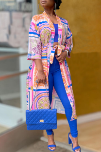 Blue Fashion Print Patchwork Cardigan Collar Outerwear