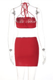 Red Fashion Sexy Solid Bandage Backless Slit Strapless Sleeveless Two Pieces