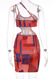 Colour Sexy Print Patchwork Spaghetti Strap Pencil Skirt Dresses