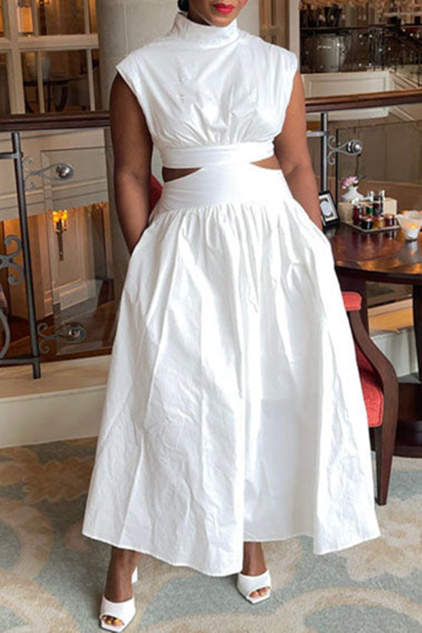 White Fashion Casual Solid Hollowed Out Turtleneck Sleeveless Dress