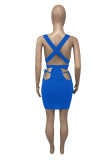 Blue Fashion Sexy Solid Hollowed Out Backless Cross Straps V Neck Sleeveless Two Pieces