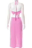 Pink Casual Solid Flounce Halter Sleeveless Two Pieces