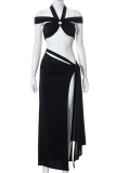 Black Sexy Solid Patchwork Halter Sleeveless Two Pieces