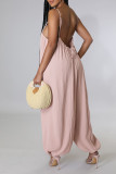 Pink Casual Solid Patchwork Spaghetti Strap Straight Jumpsuits