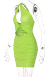 Green Fashion Sexy Solid Hollowed Out Backless One Shoulder Sleeveless Dress