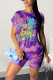 Purple Casual Street Print Patchwork O Neck Short Sleeve Two Pieces