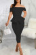 Black Work Elegant Solid Bandage Patchwork Flounce Off the Shoulder Dresses