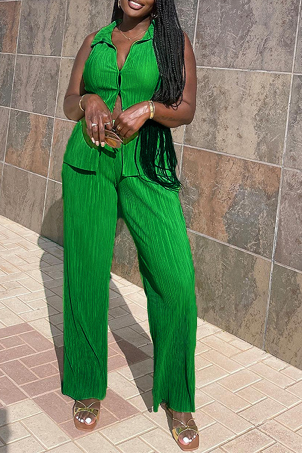 Green Fashion Solid Patchwork Turndown Collar Sleeveless Two Pieces