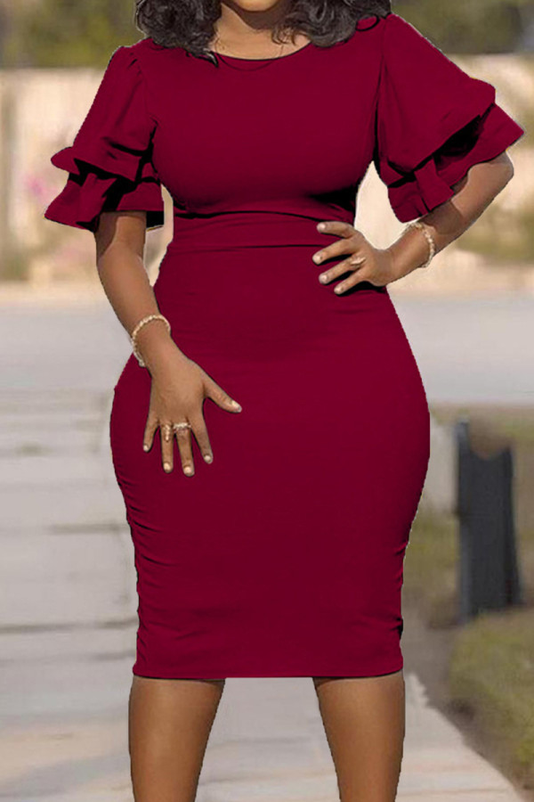 Burgundy Fashion Casual Solid Flounce O Neck Short Sleeve Dress Dresses