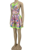 Multicolor Sexy Print Bandage Patchwork Backless Halter Sleeveless Two Pieces