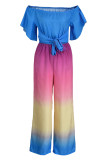 Blue Fashion Casual Gradual Change Solid Patchwork Off the Shoulder Regular Jumpsuits