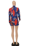 Blue Casual Print Patchwork Strapless Long Sleeve Three Pieces