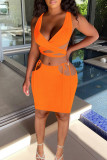 Orange Fashion Sexy Solid Hollowed Out Backless Cross Straps V Neck Sleeveless Two Pieces