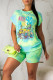 Green Casual Street Print Patchwork O Neck Short Sleeve Two Pieces