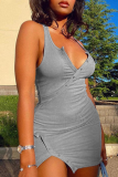 Blue Sexy Solid Buckle V Neck Irregular Dress Dresses