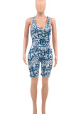 Blue Sexy Street Print Patchwork Backless V Neck Skinny Rompers